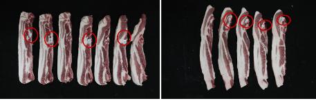 좌측은 세로로 절단되어 있는 삼겹살 부위로 뼈 부착위치가 가운데에서 살짝 위에 위치에 있는 사진과 우측은 세로로 절단되어 있는 앞다리살 부위로 뼈 부착위치가 위쪽에 위치에 있는 사진