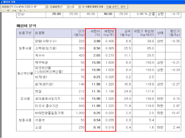 배합비 인쇄