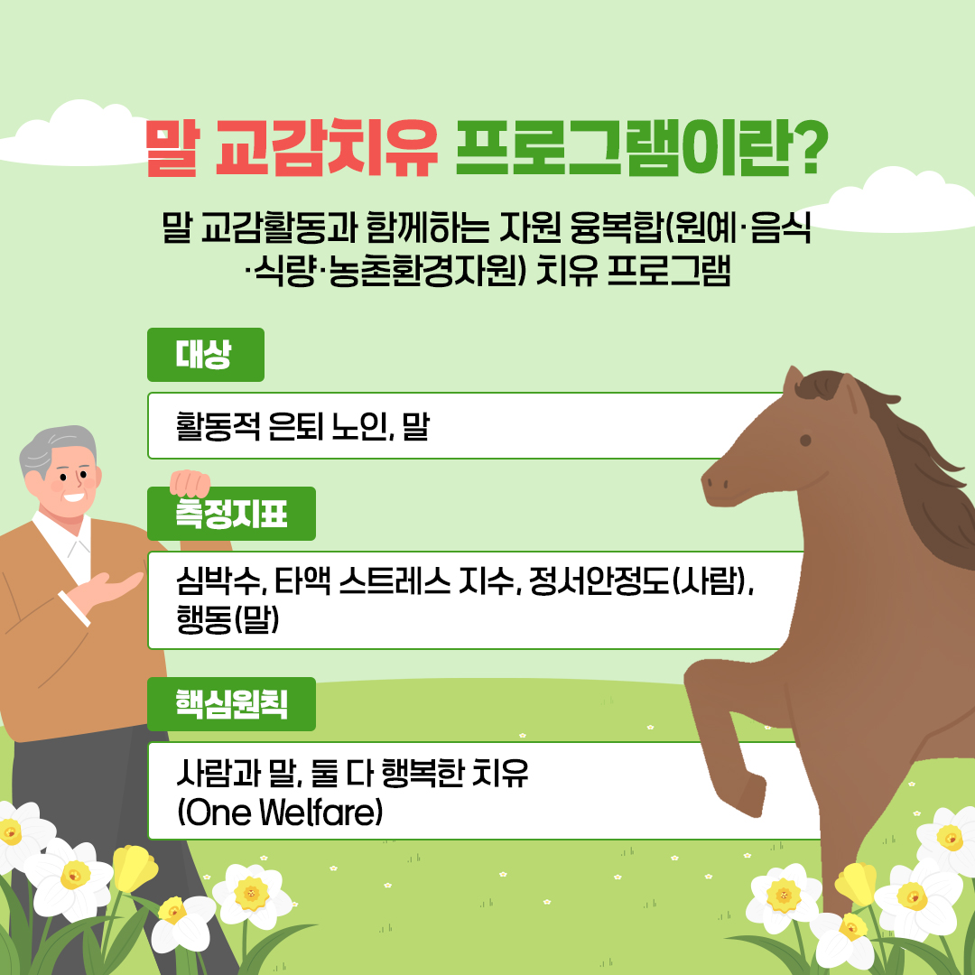말 교감치유 프로그램이란? 말 교감활동과 함께하는 자원 융복합(원예·음식·식량·농촌환경자원) 치유 프로그램 대상 활동적 은퇴 노인, 말 측정지표 심박수, 타액 스트레스 지수, 정서안정도(사람), 행동(말) 핵심원칙 사람과 말, 둘 다 행복한 치유(One Welfare)