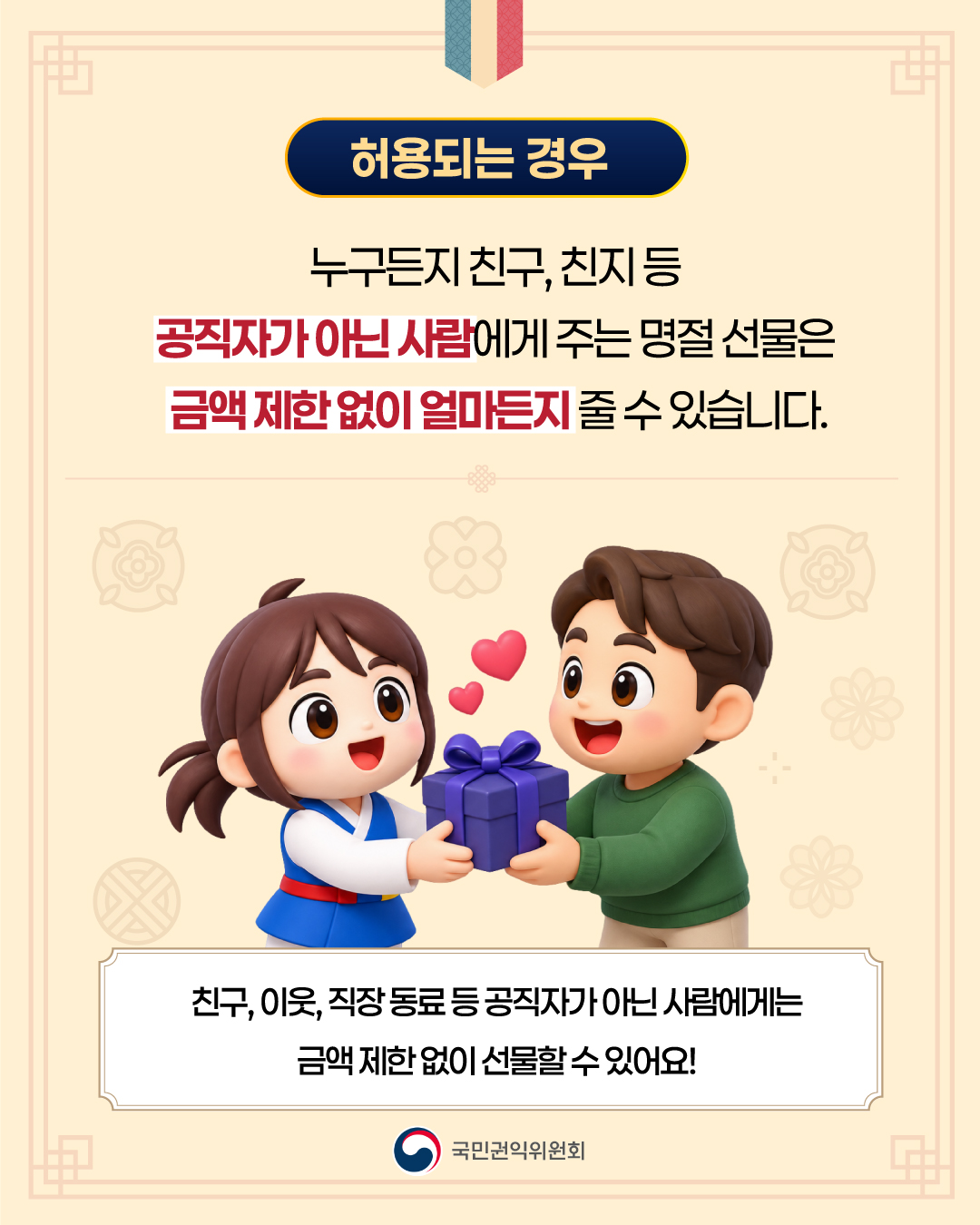 허용되는 경우
누구든지 친구, 친지 등 공직자가 아닌 사람에게 주는 명절 선물은 금액 제한 없이 얼마든지 줄 수 있습니다.
친구, 이웃, 직장동료 등 공직자가 아닌 사람에게는 금액 제한없이 선물할 수 있어요
