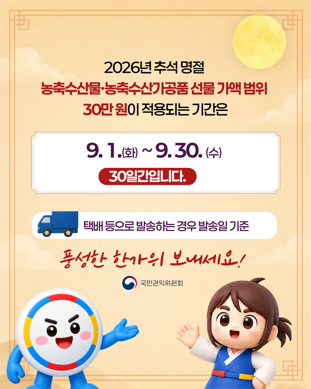 2026년 추석명절 농축수산물, 농축수산가공품 선물 가액 범위 30만원이 적용되는 기간은 9.1.(화)~9.30.(수) 30일간입니다.
택배 등으로 발송하는 경우 발송일 기군
풍성한 한가위 보내세요