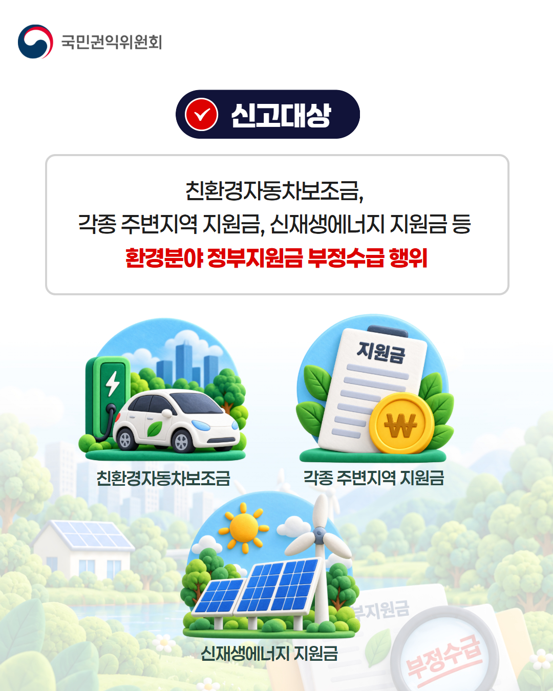 신고대상
친환경자동차보조금, 각종 주변지역 지원금, 신재생에너지 지원금 등 환경분야 정부지원금 부정수급 행위