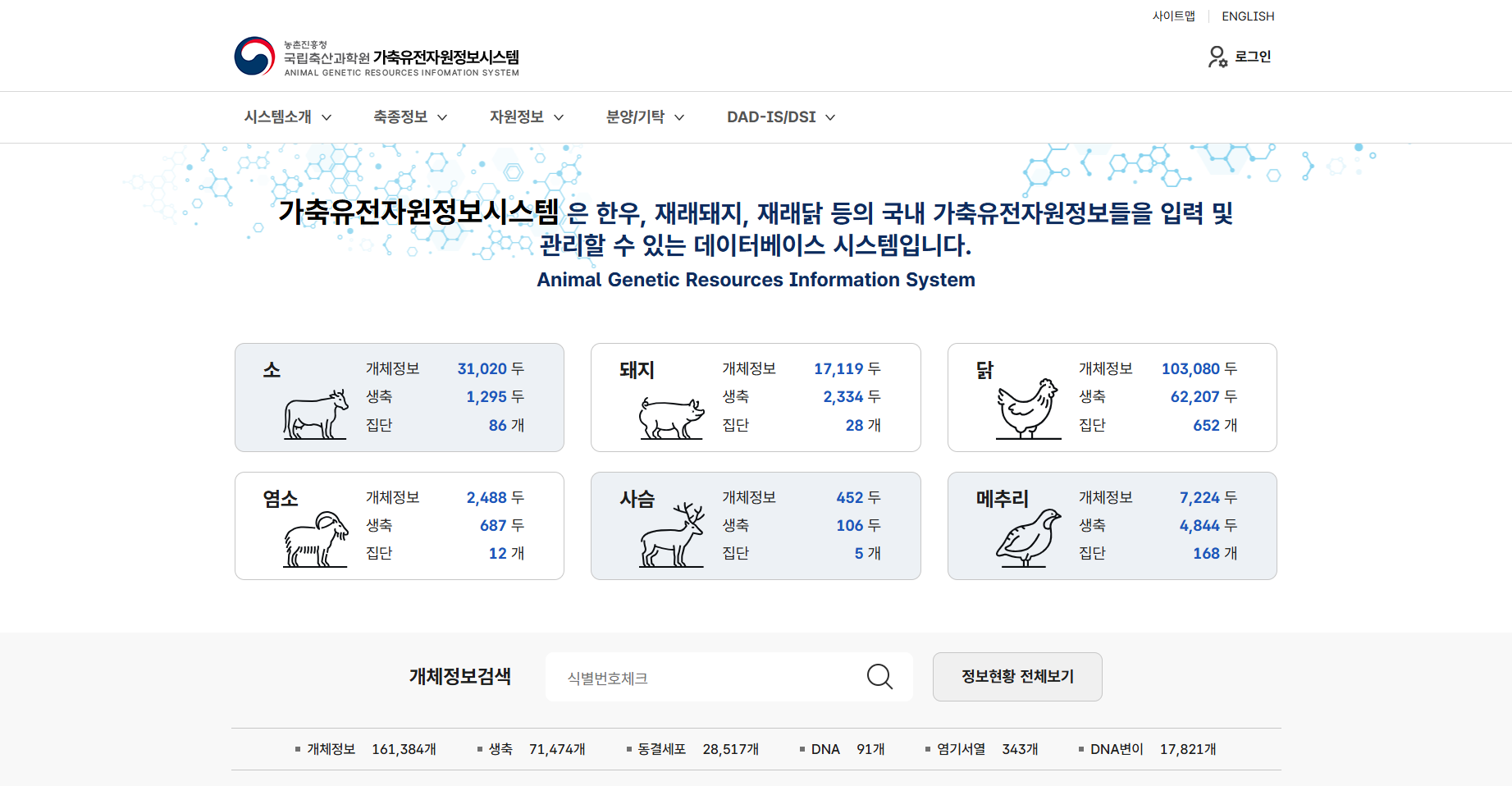 가축유전자원정보시스템 화면